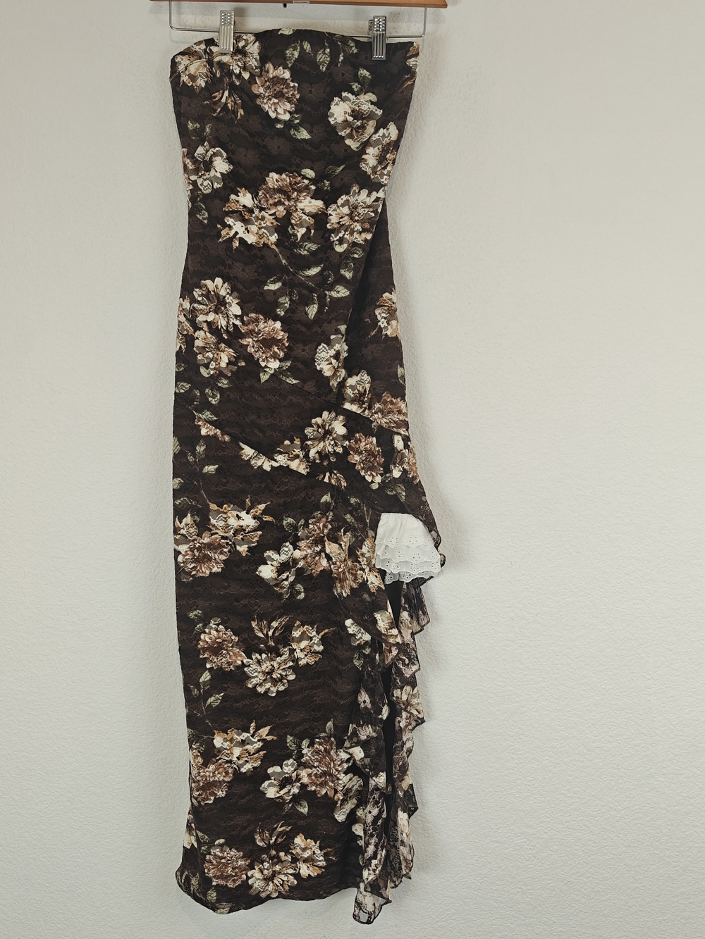 J for Justify Floral Lace Strapless Midi Dress Brown Romantic Ruffle Side Slit M - Picture 2 of 16